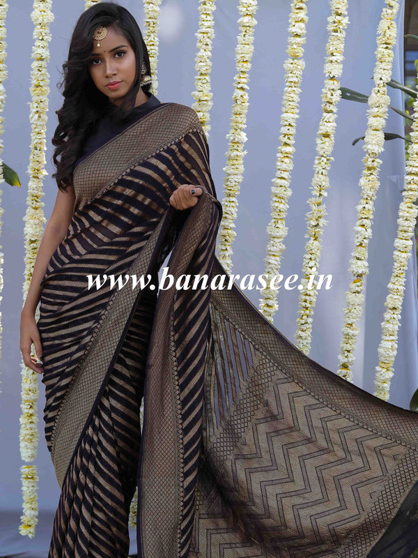 Banarasee Pure Khaddi Chiffon Silk Sari With Stripes Design Solid Zari Border-Black