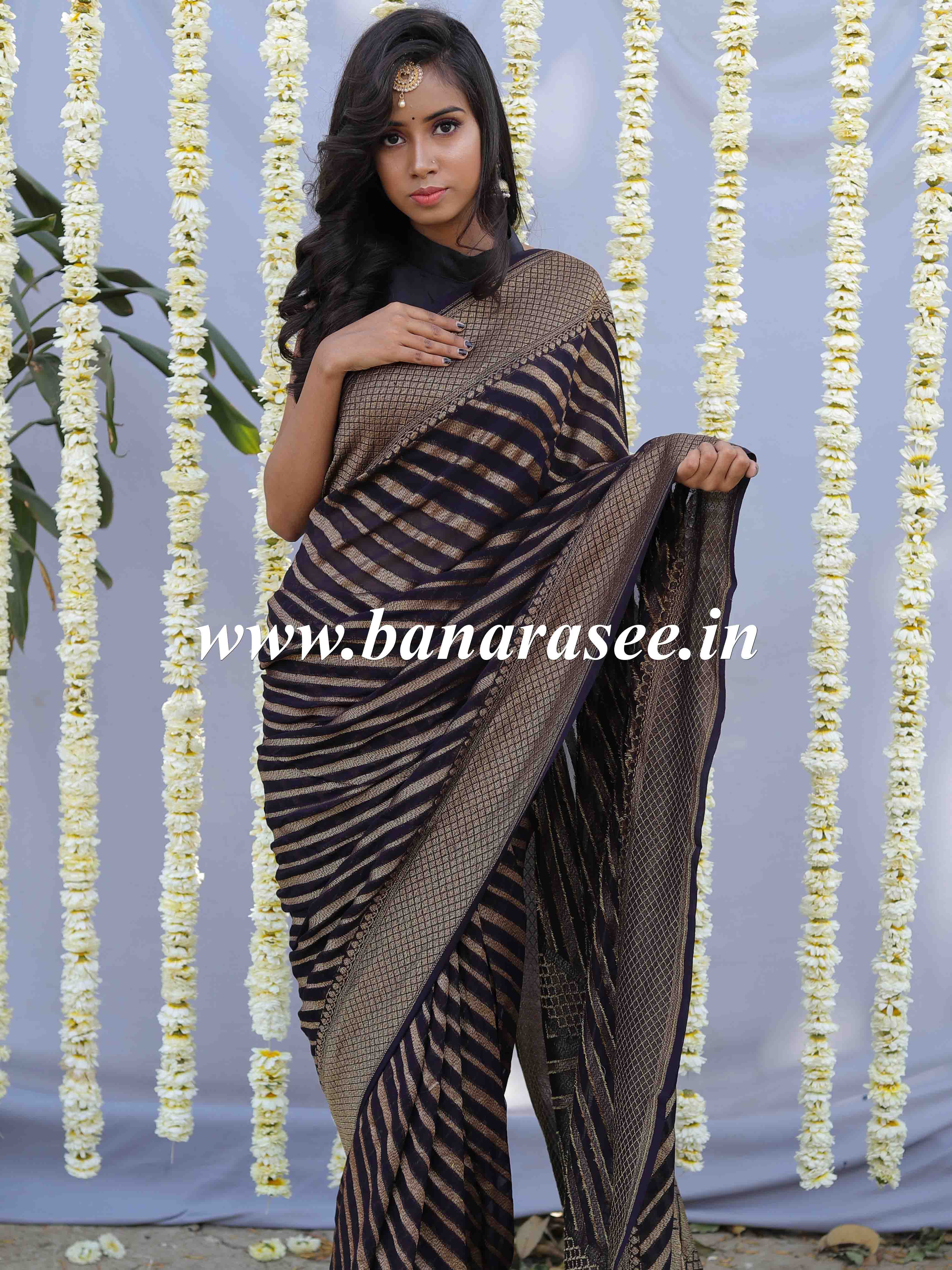 Banarasee Pure Khaddi Chiffon Silk Sari With Stripes Design Solid Zari Border-Black