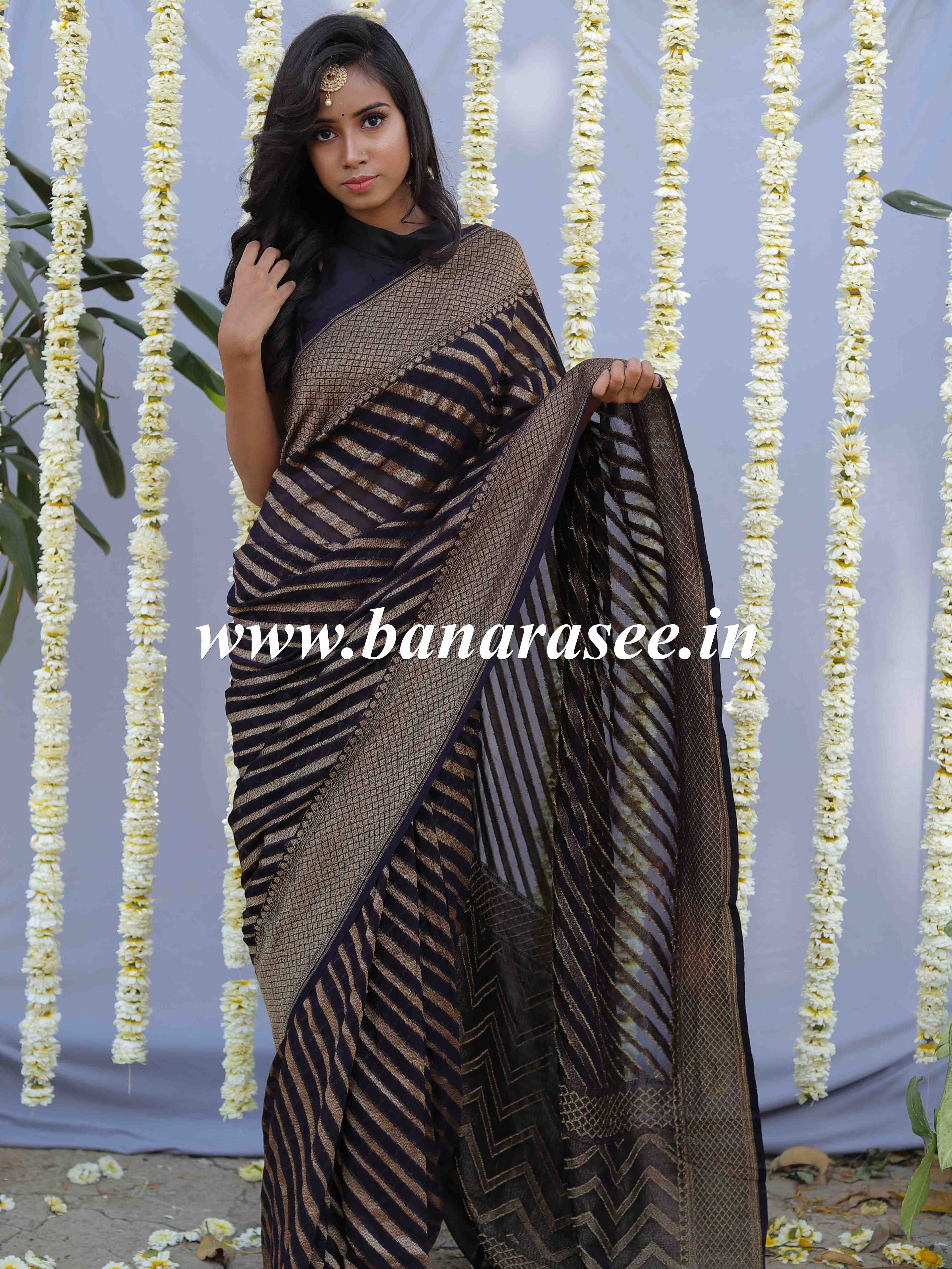 Banarasee Pure Khaddi Chiffon Silk Sari With Stripes Design Solid Zari Border-Black