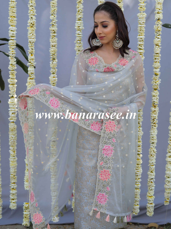 Banarasee Brocade Salwar Kameez Fabric With Embroidered Organza Dupatta-Grey