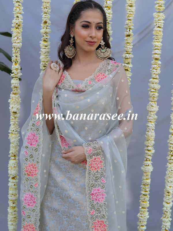 Banarasee Brocade Salwar Kameez Fabric With Embroidered Organza Dupatta-Grey