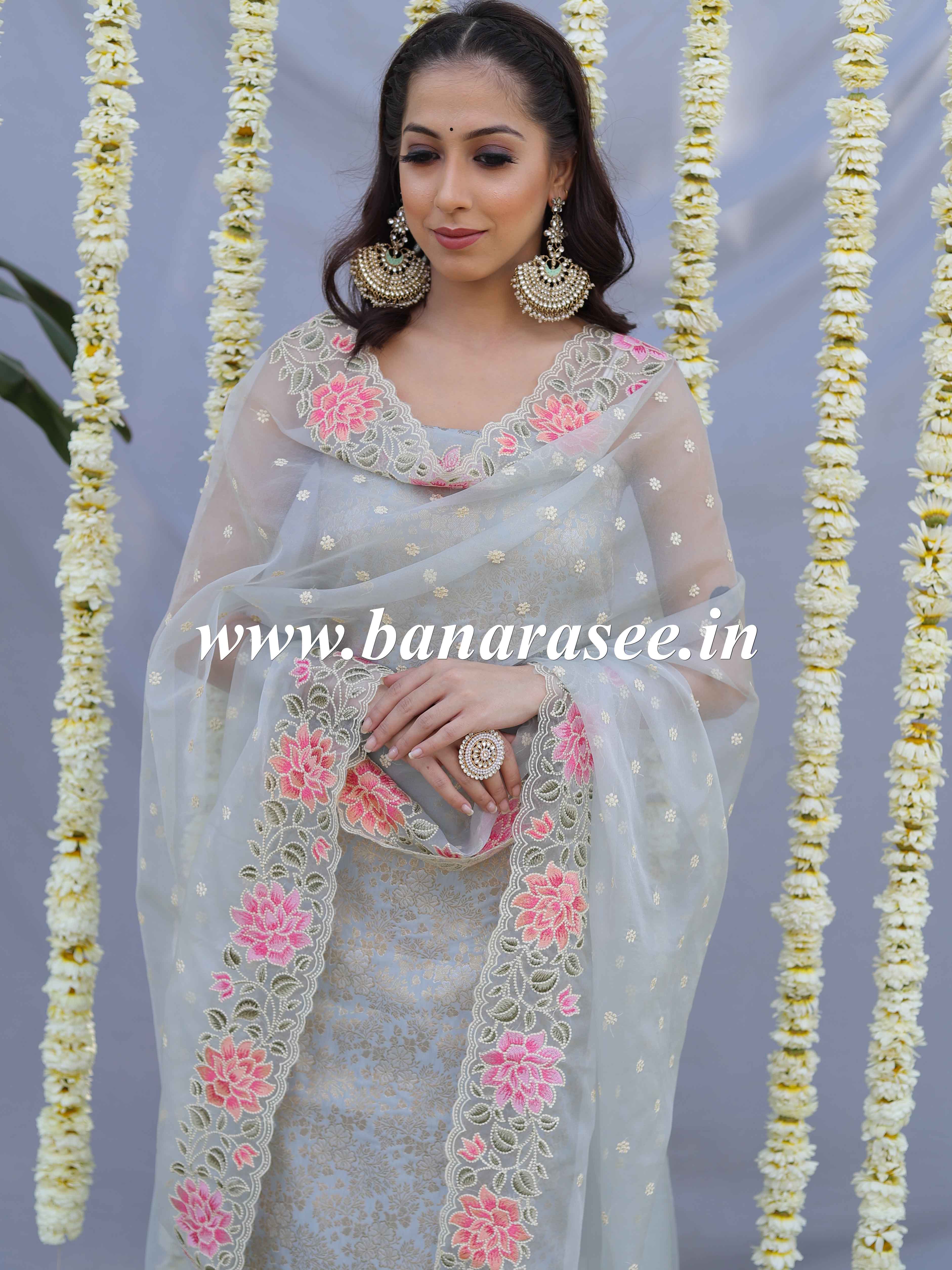 Banarasee Brocade Salwar Kameez Fabric With Embroidered Organza Dupatta-Grey