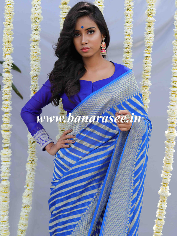 Banarasee Pure Khaddi Chiffon Silk Sari With Stripes Design Solid Zari Border-Royal Blue