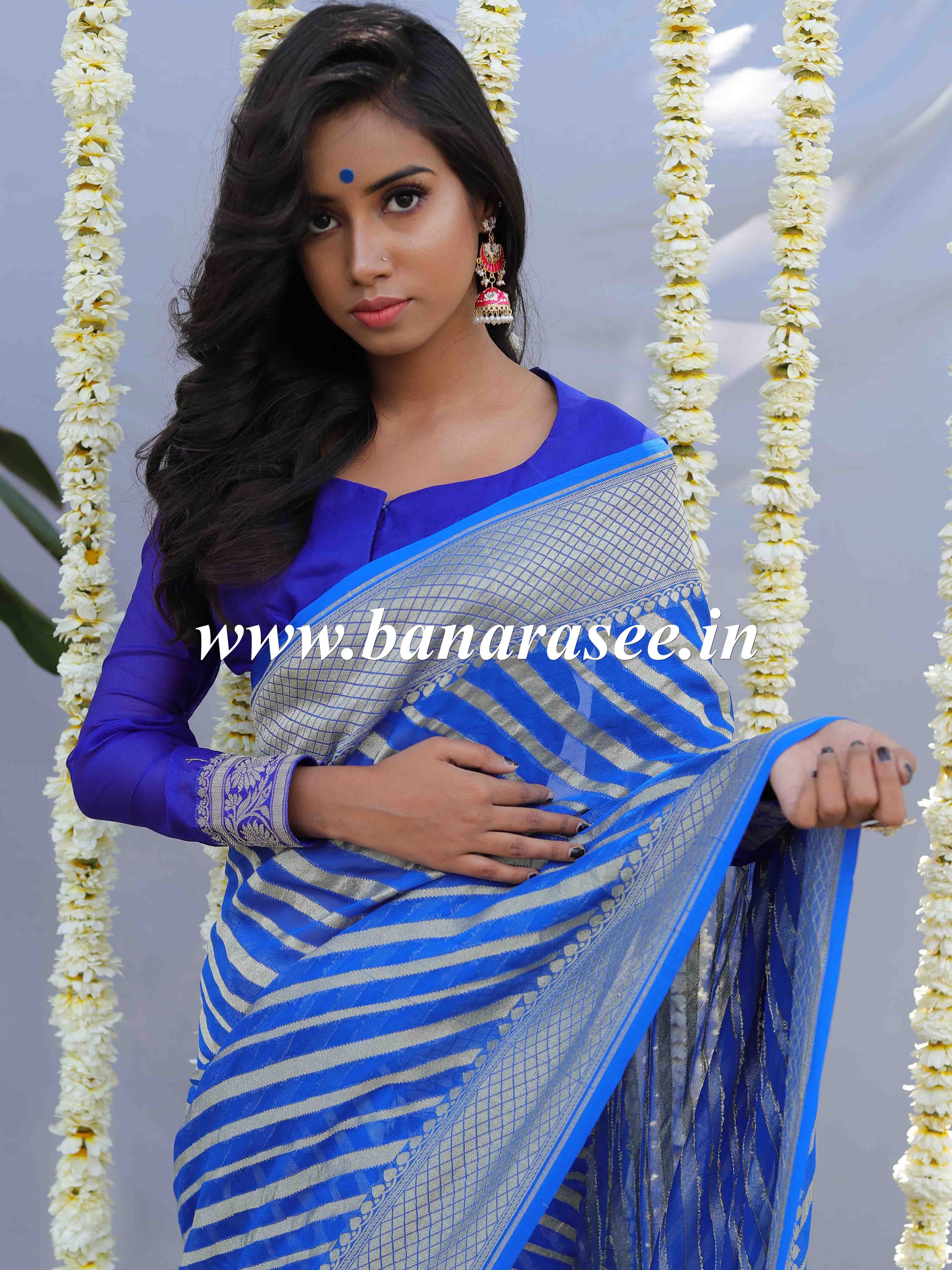 Banarasee Pure Khaddi Chiffon Silk Sari With Stripes Design Solid Zari Border-Royal Blue