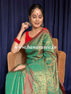 Banarasee Handwoven Semi Silk Saree With Copper Zari Jaal Design & Plain Border Design-Green & Red