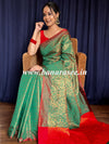 Banarasee Handwoven Semi Silk Saree With Copper Zari Jaal Design & Plain Border Design-Green & Red