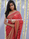 Banarasee Pure Khaddi Chiffon Silk Sari With Antique Zari Buta Design & Contrast Border-Crimson Red
