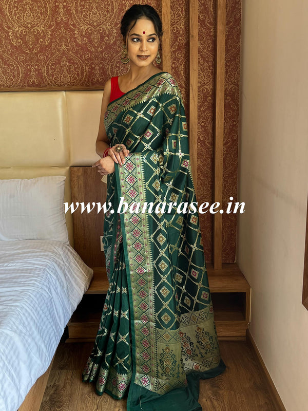 Banarasee Handwoven Semi Silk Patola Design Meena & Zari Work Saree-Green