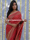 Banarasee Pure Khaddi Chiffon Silk Sari With Antique Zari Buta Design & Contrast Border-Crimson Red