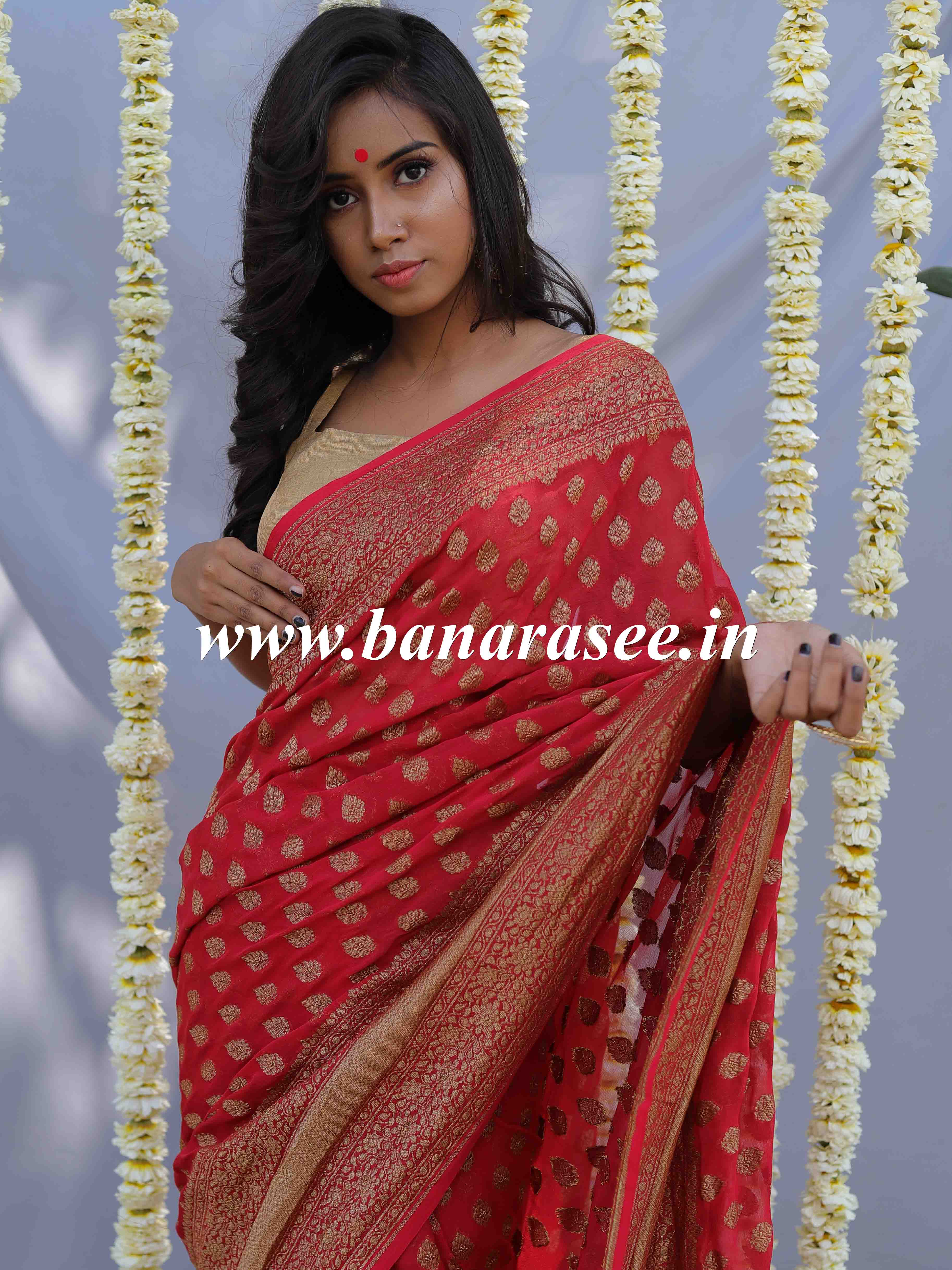 Banarasee Pure Khaddi Chiffon Silk Sari With Antique Zari Buta Design & Contrast Border-Crimson Red