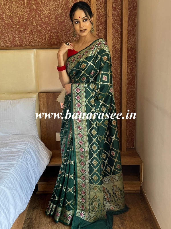 Banarasee Handwoven Semi Silk Patola Design Meena & Zari Work Saree-Green