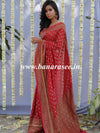 Banarasee Pure Khaddi Chiffon Silk Sari With Antique Zari Buta Design & Contrast Border-Crimson Red