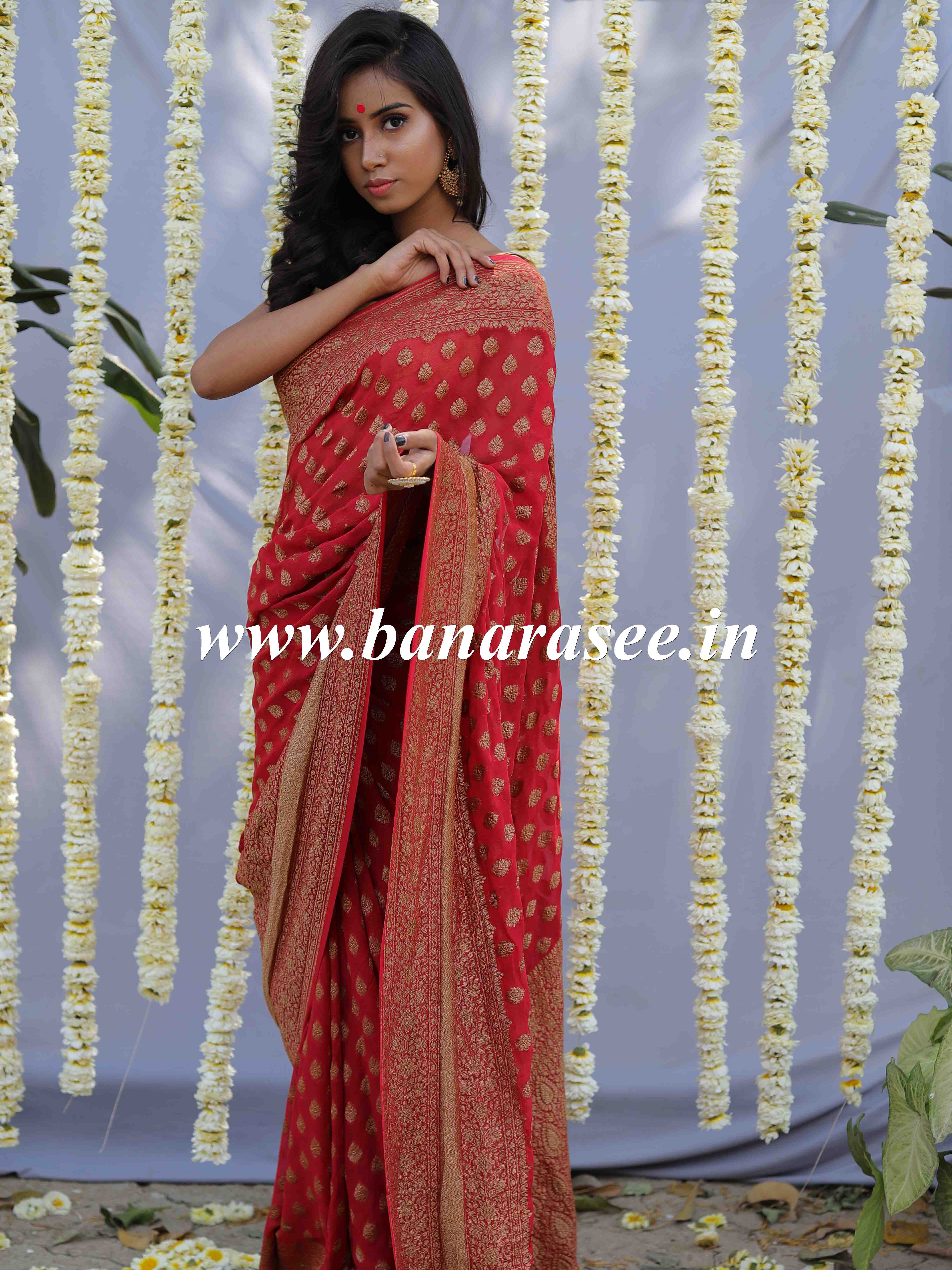 Banarasee Pure Khaddi Chiffon Silk Sari With Antique Zari Buta Design & Contrast Border-Crimson Red