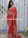 Banarasee Pure Khaddi Chiffon Silk Sari With Antique Zari Buta Design & Contrast Border-Crimson Red