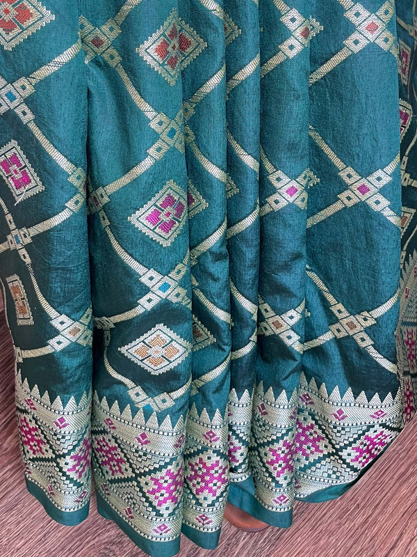 Banarasee Handwoven Semi Silk Patola Design Meena & Zari Work Saree-Green