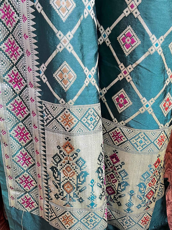 Banarasee Handwoven Semi Silk Patola Design Meena & Zari Work Saree-Green