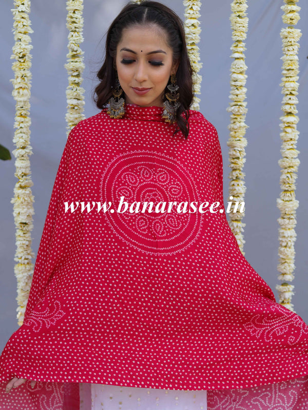 Banarasee Pure Gajji Silk Bandhej Design Dupatta-Pink