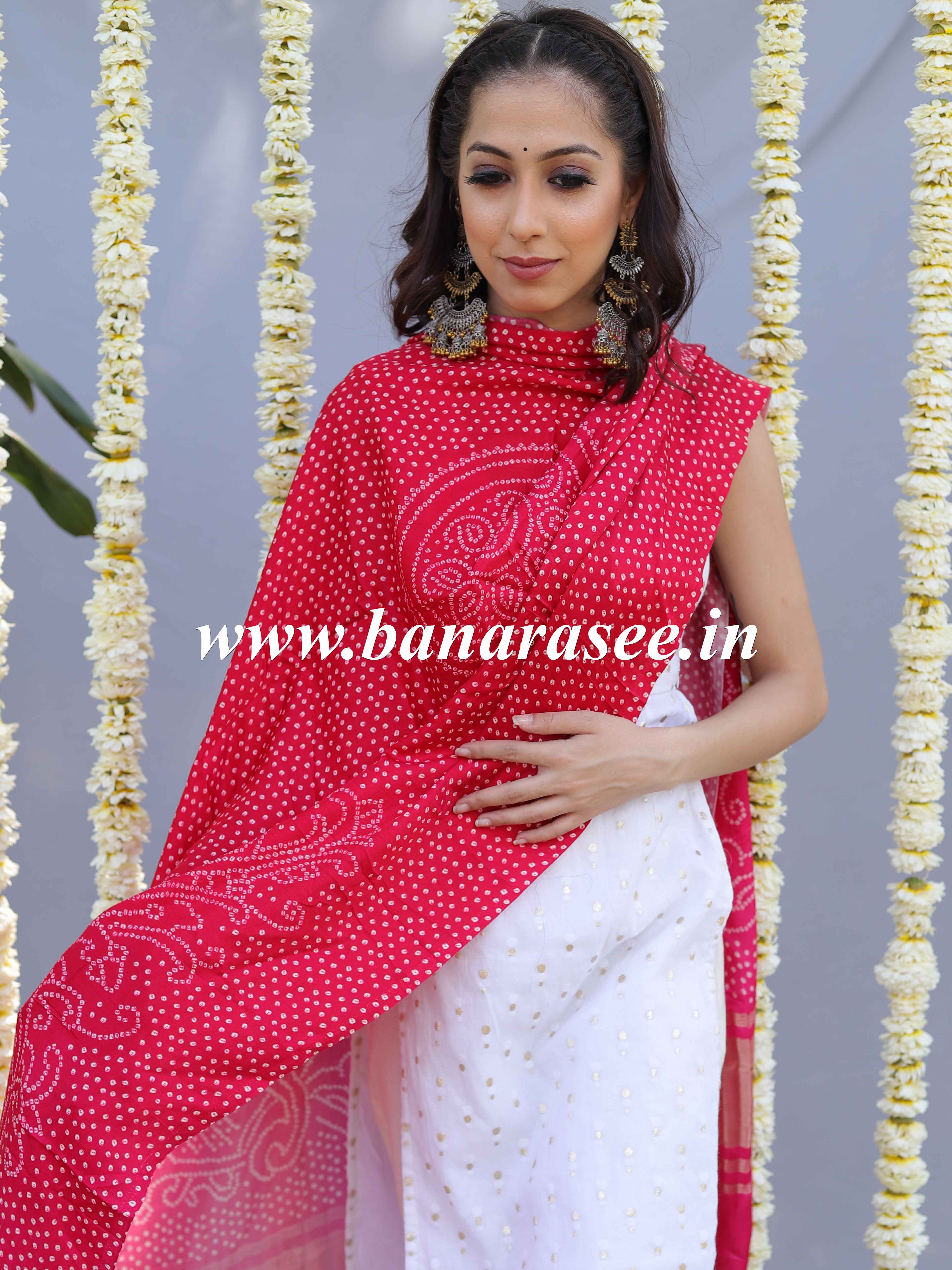 Banarasee Pure Gajji Silk Bandhej Design Dupatta-Pink