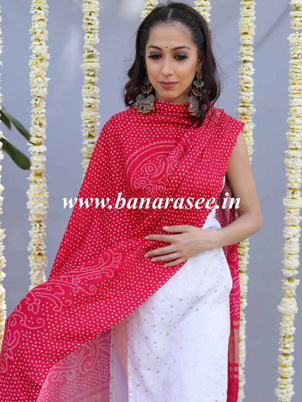 Banarasee Pure Gajji Silk Bandhej Design Dupatta-Pink