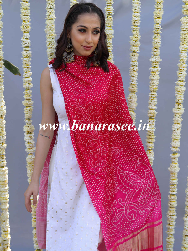 Banarasee Pure Gajji Silk Bandhej Design Dupatta-Pink