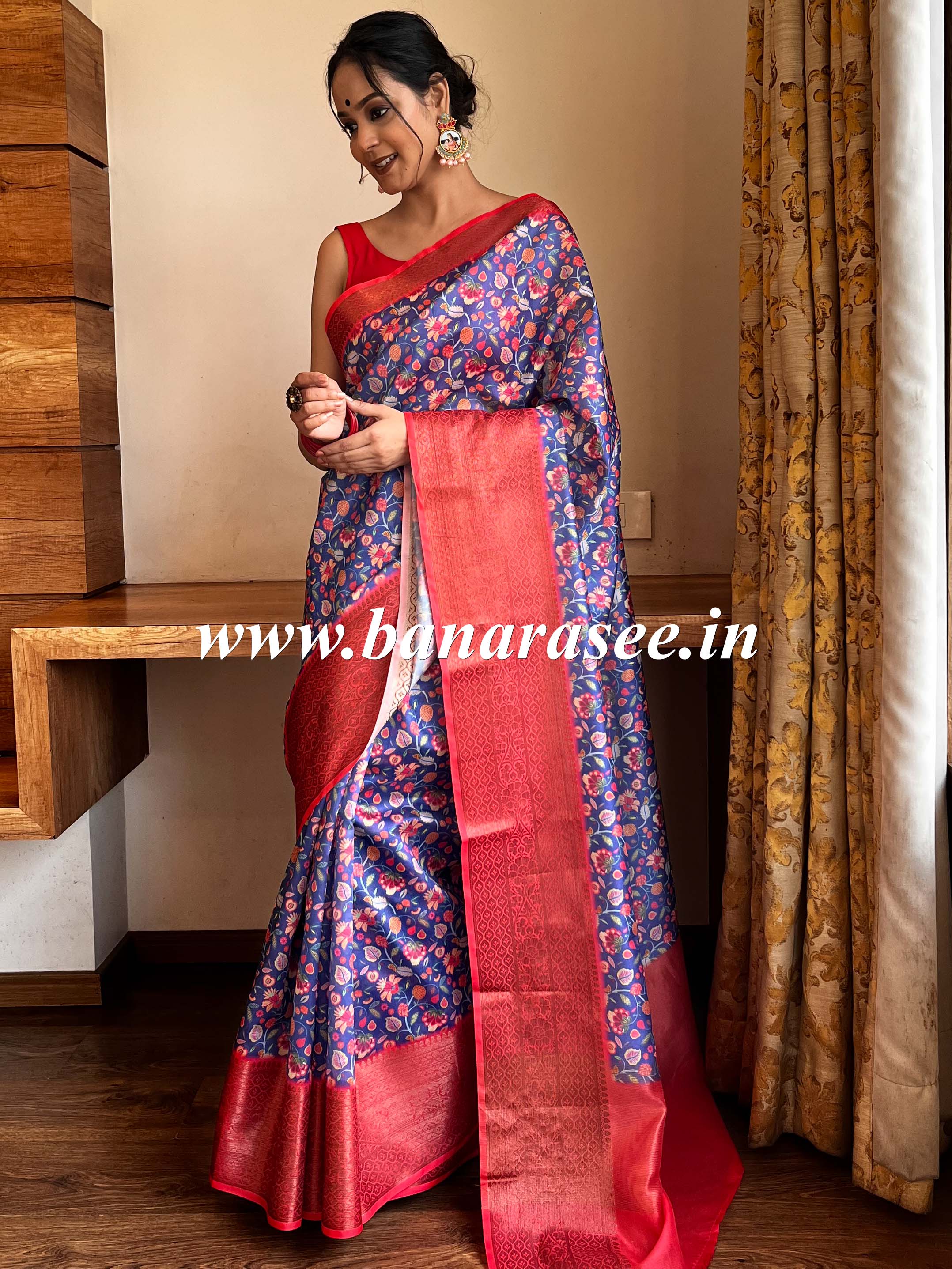 Banarasee Handwoven Semi Silk Saree With Digital Print & Broad Zari Border-Blue & Red