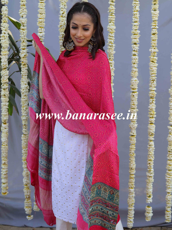 Banarasee Pure Gajji Silk Bandhej Design Dupatta-Pink