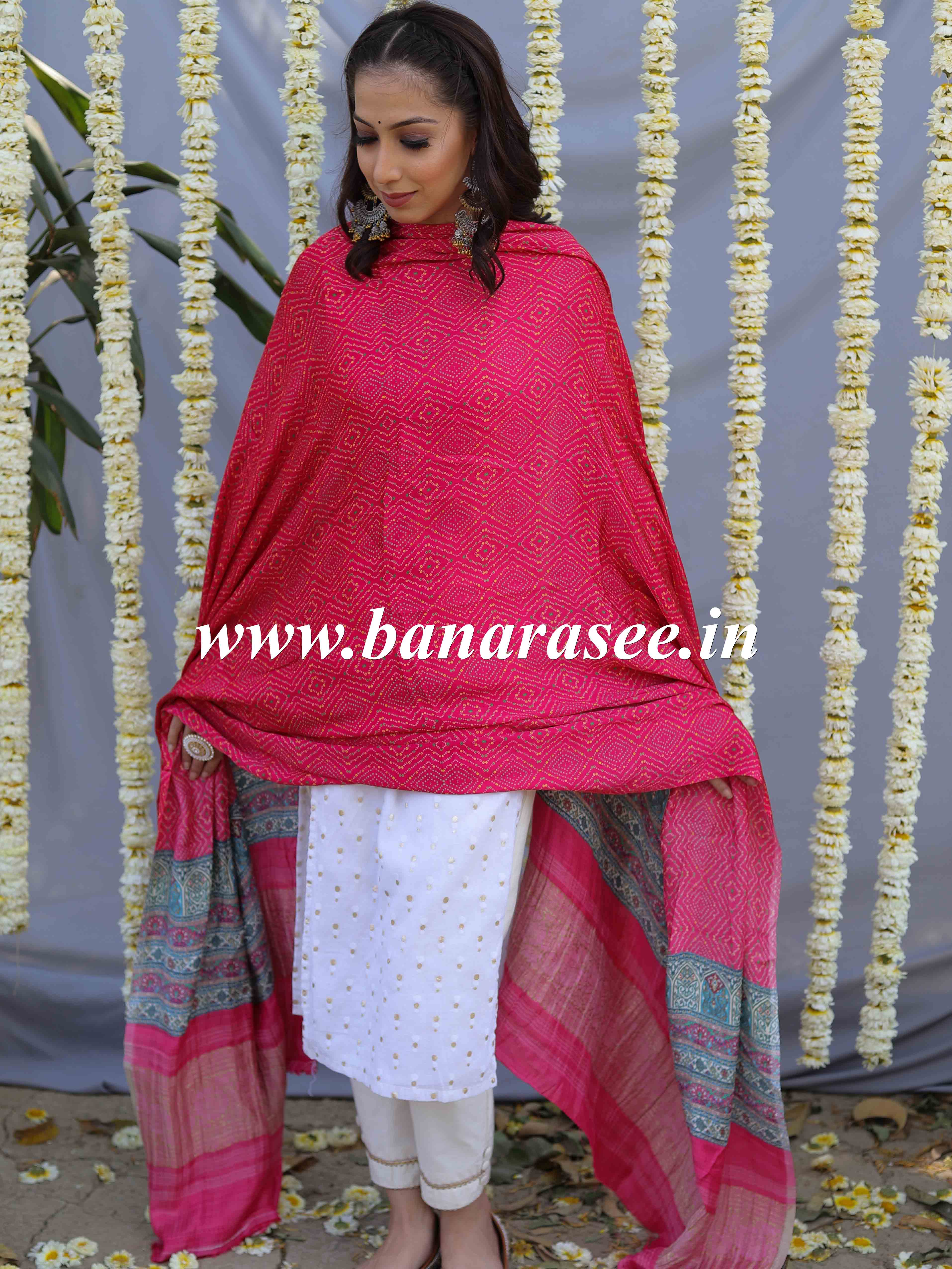 Banarasee Pure Gajji Silk Bandhej Design Dupatta-Pink