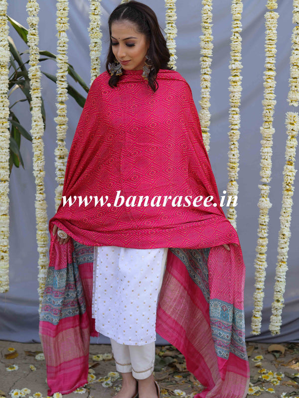 Banarasee Pure Gajji Silk Bandhej Design Dupatta-Pink