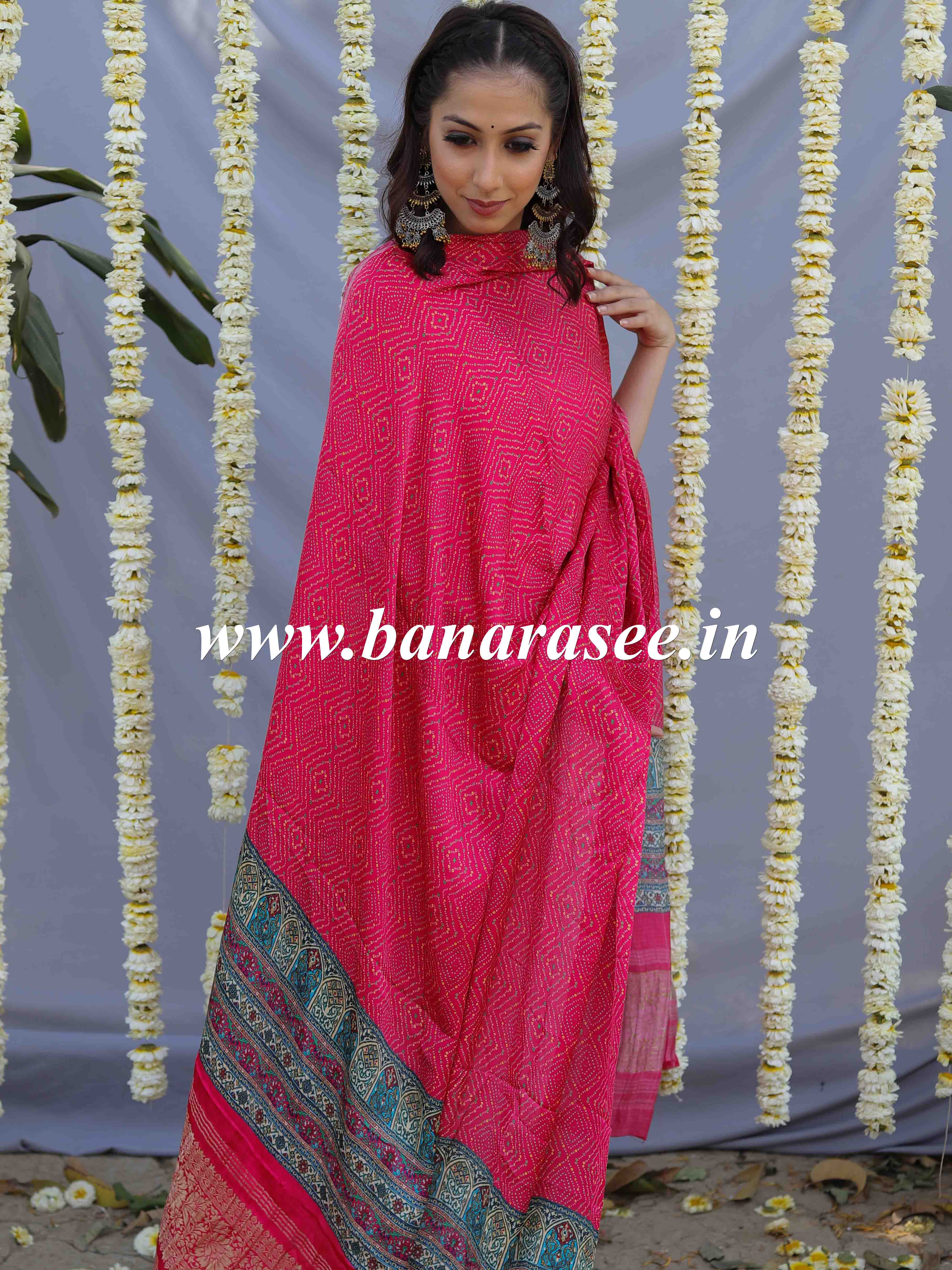 Banarasee Pure Gajji Silk Bandhej Design Dupatta-Pink