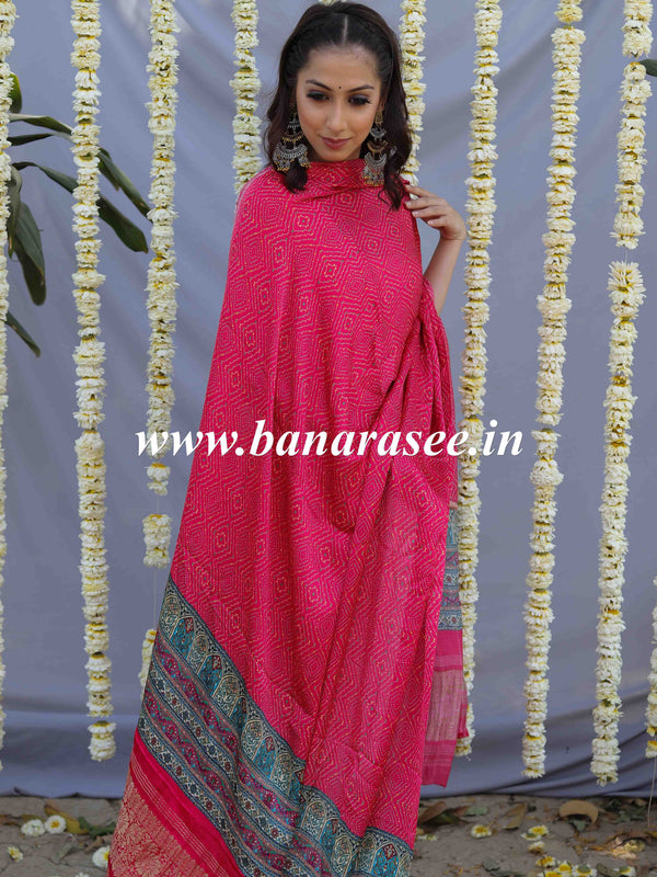 Banarasee Pure Gajji Silk Bandhej Design Dupatta-Pink