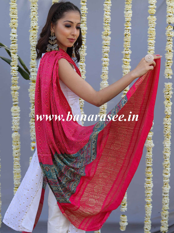 Banarasee Pure Gajji Silk Bandhej Design Dupatta-Pink