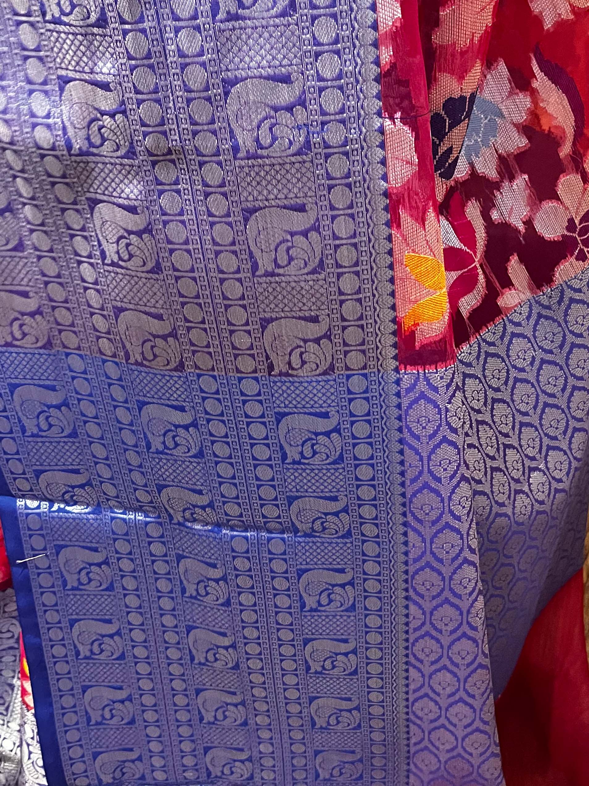 Banarasee Organza Mix Saree With Resham Jaal Design & Floral Border-Pink & Blue