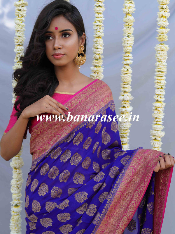 Banarasee Pure Khaddi Chiffon Silk Sari With Buta Design & Contrast Border-Violet & Pink