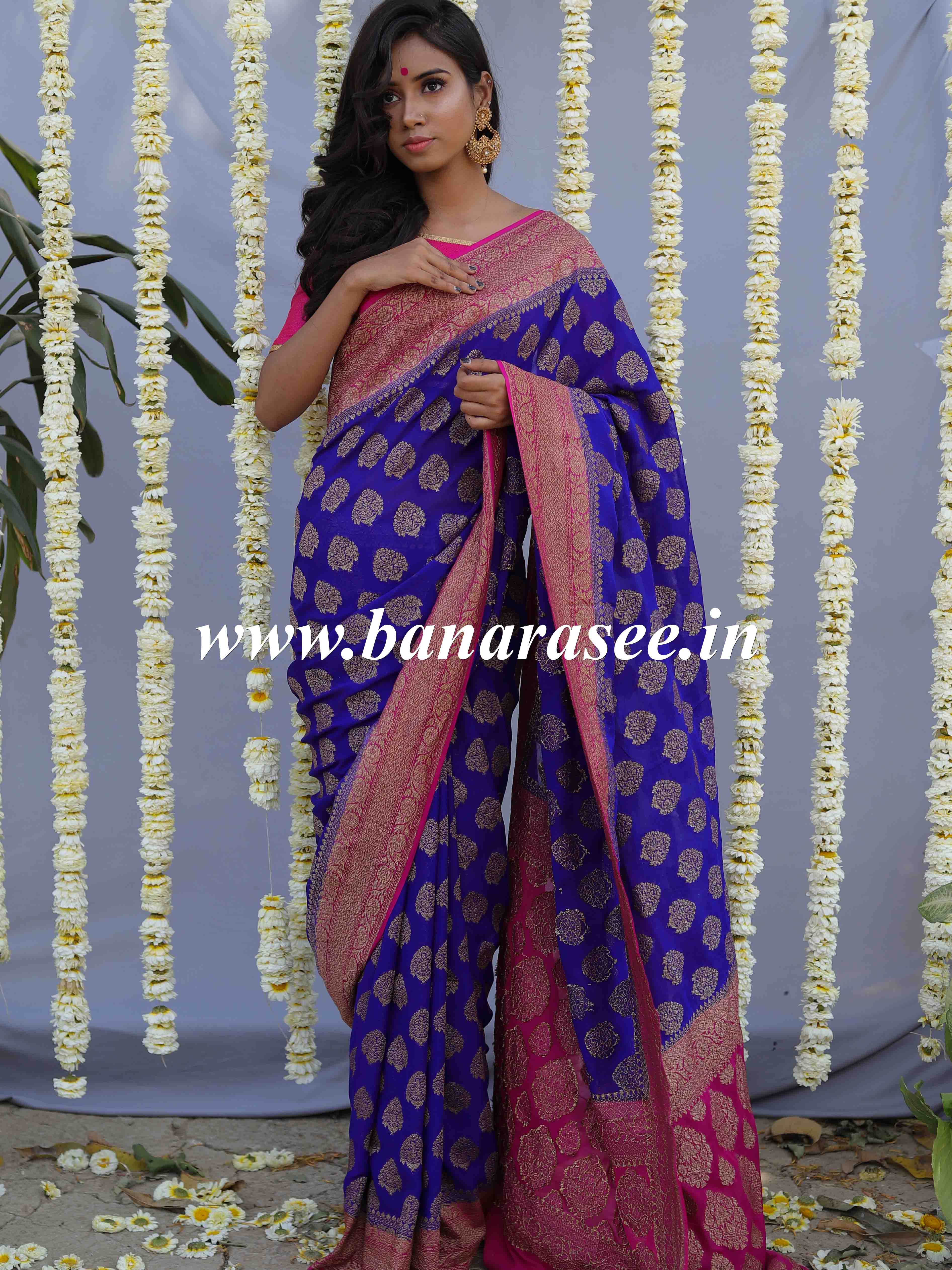 Banarasee Pure Khaddi Chiffon Silk Sari With Buta Design & Contrast Border-Violet & Pink