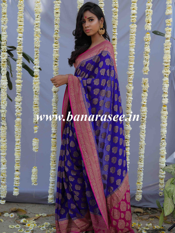 Banarasee Pure Khaddi Chiffon Silk Sari With Buta Design & Contrast Border-Violet & Pink