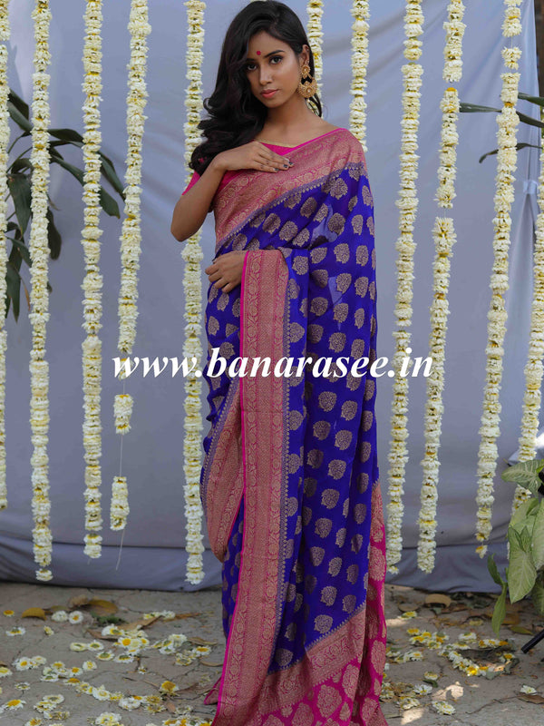 Banarasee Pure Khaddi Chiffon Silk Sari With Buta Design & Contrast Border-Violet & Pink