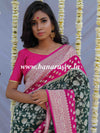 Banarasee Pure Khaddi Chiffon Silk Sari With Buta Design & Contrast Border-Forest Green & Pink