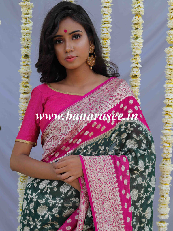 Banarasee Pure Khaddi Chiffon Silk Sari With Buta Design & Contrast Border-Forest Green & Pink