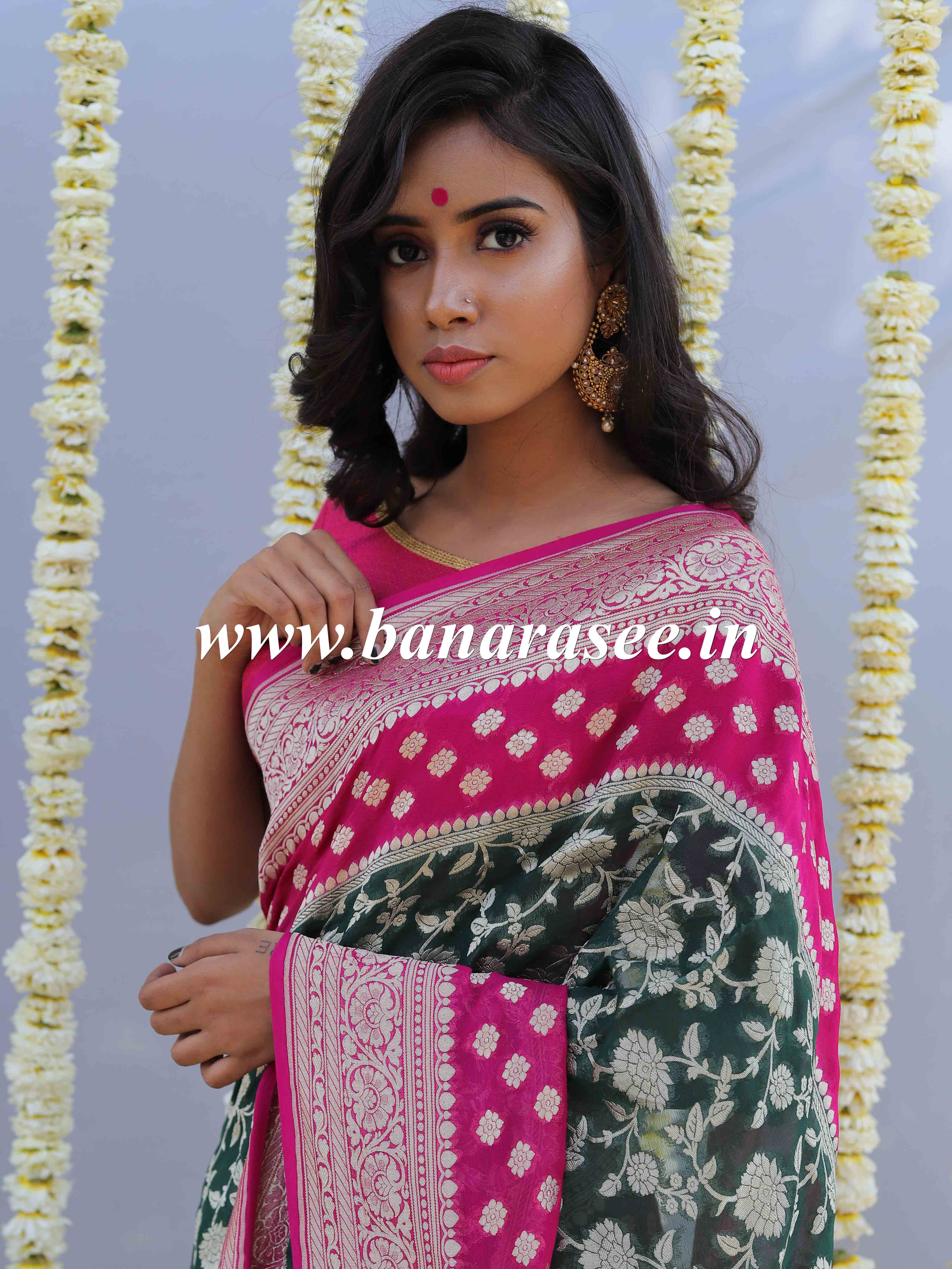 Banarasee Pure Khaddi Chiffon Silk Sari With Buta Design & Contrast Border-Forest Green & Pink
