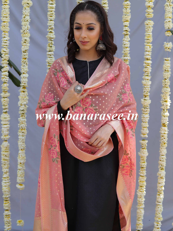 Banarasee Floral Embroidered Chanderi Cotton Lurex Zari Dupatta-Peach