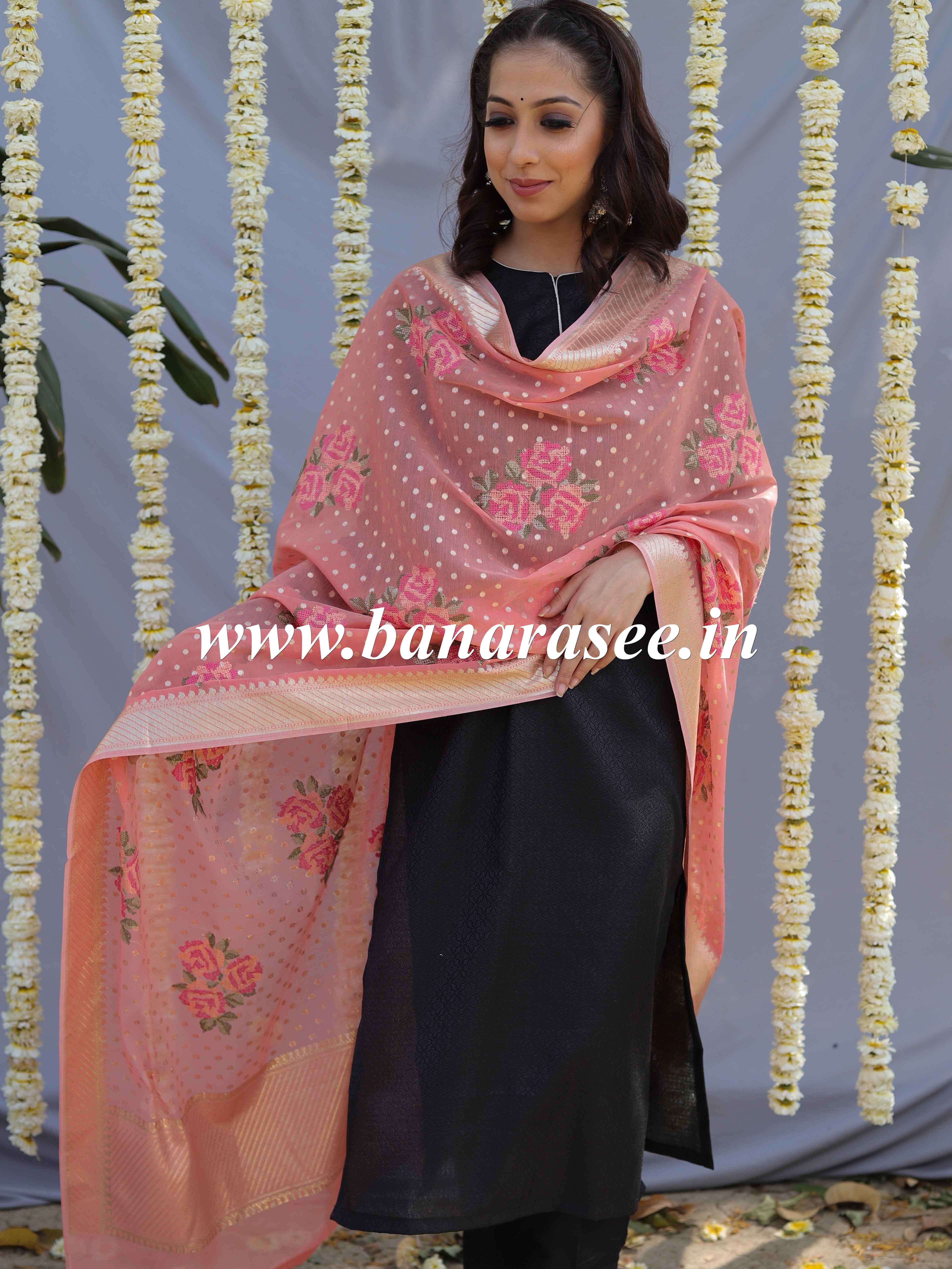 Banarasee Floral Embroidered Chanderi Cotton Lurex Zari Dupatta-Peach