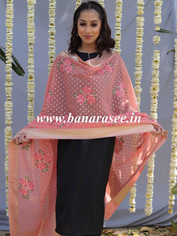 Banarasee Floral Embroidered Chanderi Cotton Lurex Zari Dupatta-Peach