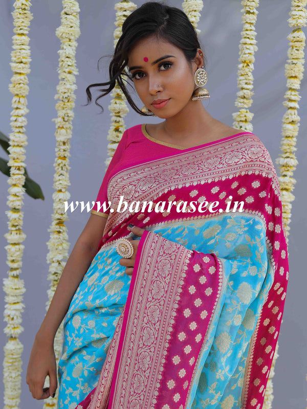 Banarasee Pure Khaddi Chiffon Silk Sari With Buta Design & Contrast Border & Koniya Pallu-Powder Blue & Pink