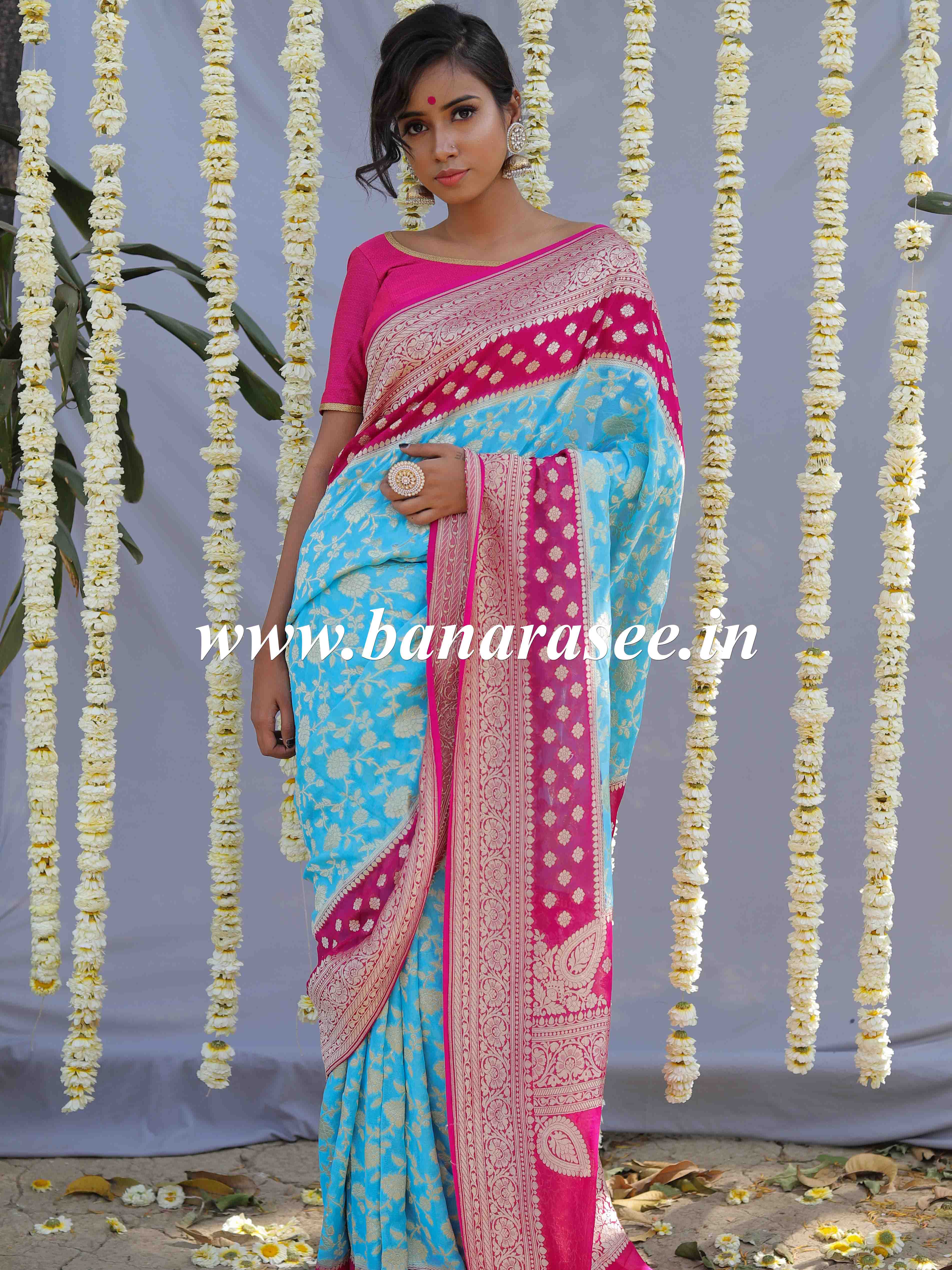Banarasee Pure Khaddi Chiffon Silk Sari With Buta Design & Contrast Border & Koniya Pallu-Powder Blue & Pink