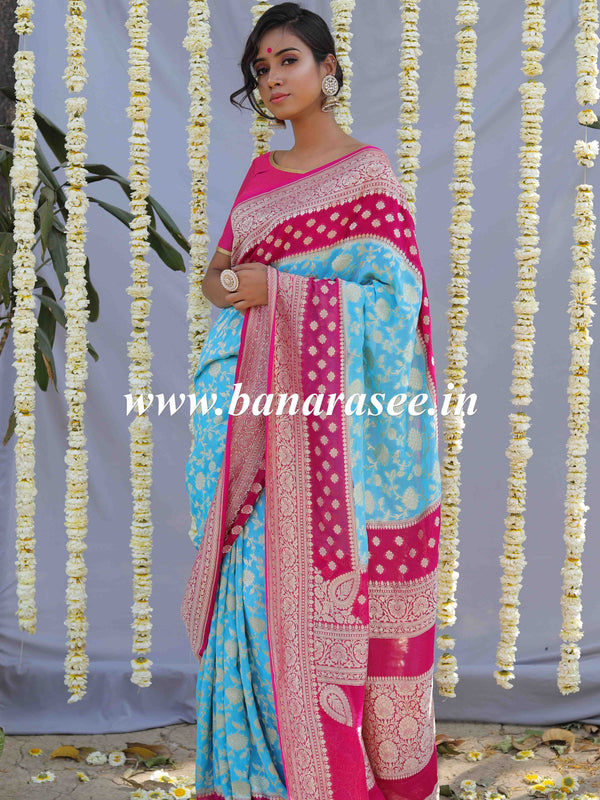 Banarasee Pure Khaddi Chiffon Silk Sari With Buta Design & Contrast Border & Koniya Pallu-Powder Blue & Pink