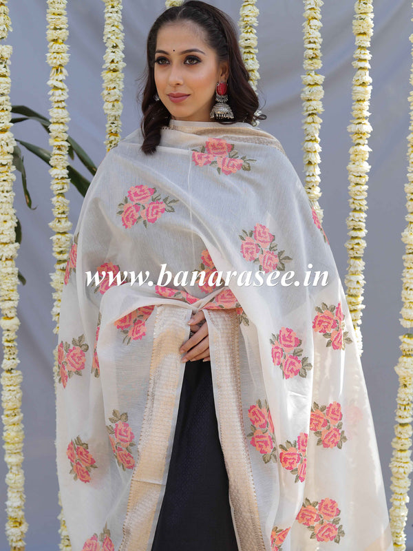 Banarasee Floral Embroidered Chanderi Cotton Lurex Zari Dupatta-White