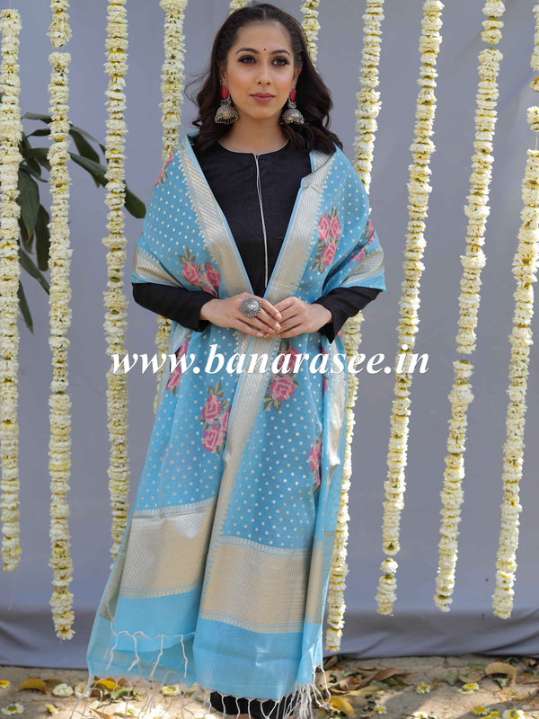 Banarasee Floral Embroidered Chanderi Cotton Lurex Zari Dupatta-Blue