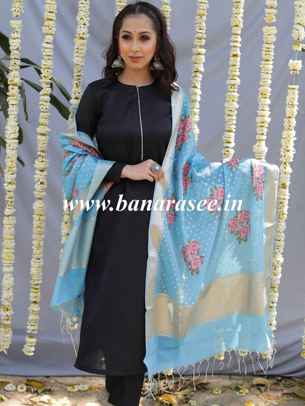 Banarasee Floral Embroidered Chanderi Cotton Lurex Zari Dupatta-Blue