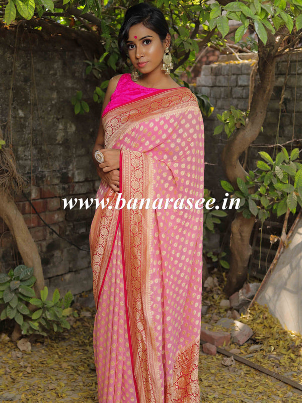 Banarasee Pure Khaddi Chiffon Silk Sari With Small Buti Design & Contrast Floral Border-Blush Pink & Red