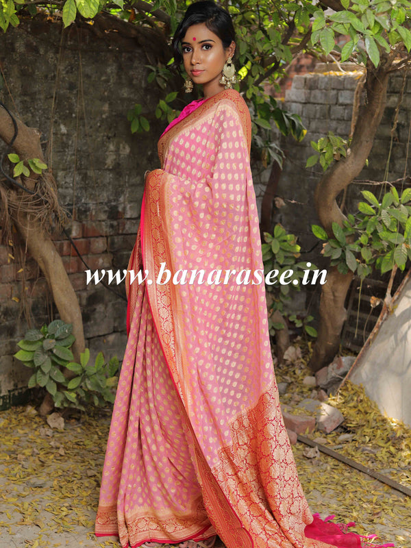 Banarasee Pure Khaddi Chiffon Silk Sari With Small Buti Design & Contrast Floral Border-Blush Pink & Red